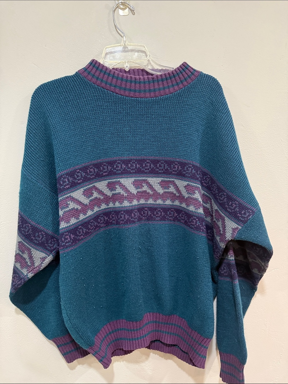 Gitano vintage 90s teal & Purple Patterned Turtleneck Sweater size large